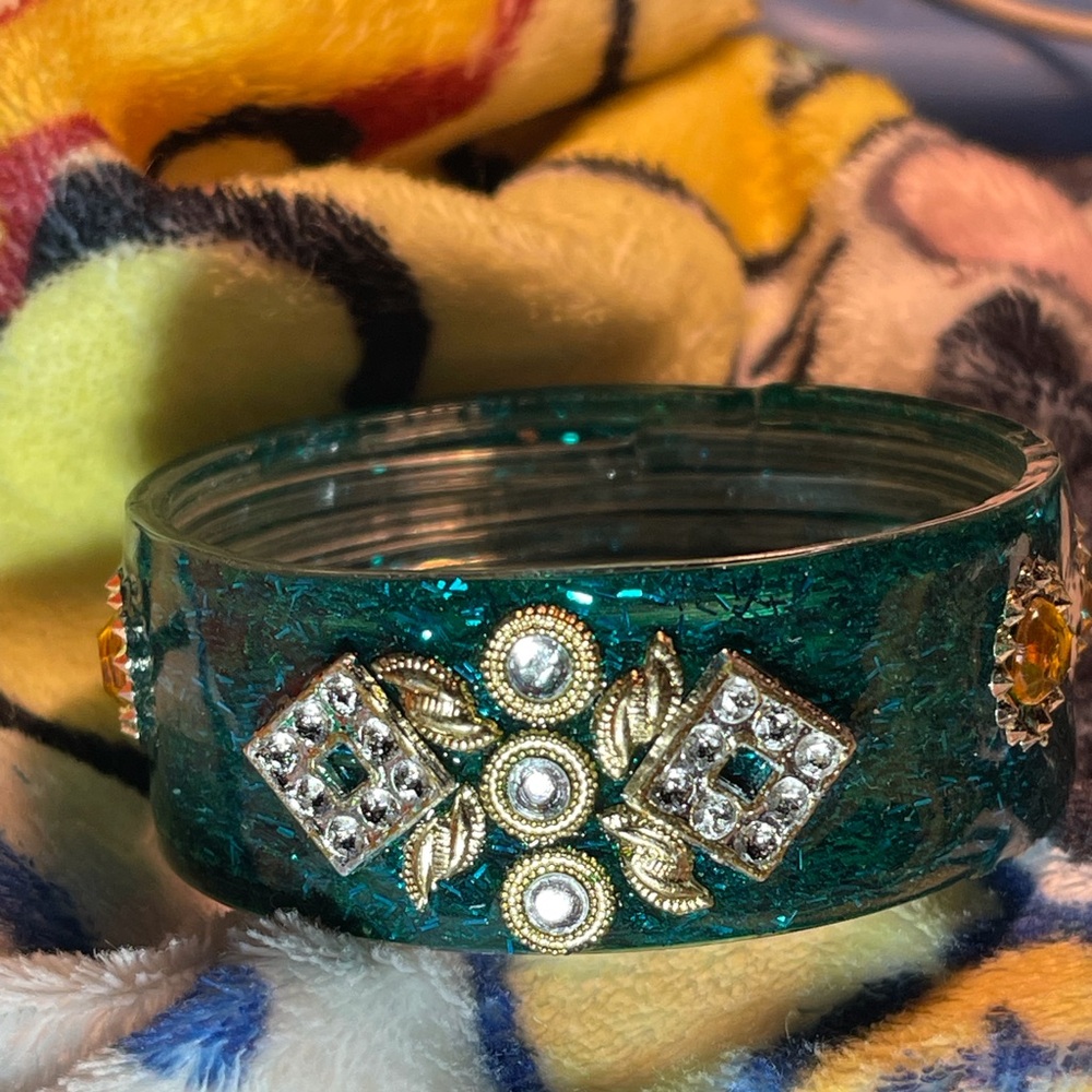 Teal Crystal Embellished Resin Bangle Bracelet